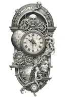 life is a simulation theory space and time woman with clock and stairs puppet master  tattoo design idea