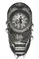 breaking reality, simulation theory, woman running up stairs to a clock, black hole before time runs out tattoo design idea