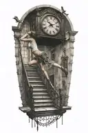 strings controlling a woman running up stairs to a clock tattoo design idea