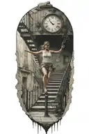 strings controlling a woman running up stairs to a clock tattoo design idea