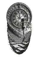 Breaking Reality Simulation Theory Woman Running Up Stairs To a clock Before Time runs out black hole alternate universe tattoo design idea