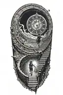 Breaking Reality Simulation Theory Woman Running Up Stairs To a clock Before Time runs out black hole alternate universe tattoo design idea
