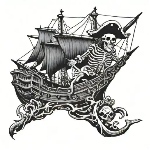 skeleton driving pirate ship sailing tattoo design idea