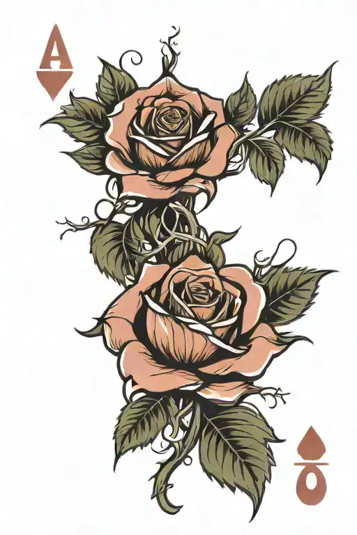 • A series of playing cards with a rose blooming from each corner, with the vine and thorns connecting the cards. tattoo design idea