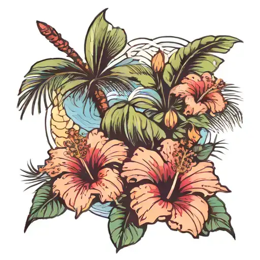 hibiscus flower with a palm tree and waves tattoo design idea