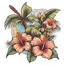 hibiscus flower with a palm tree and waves tattoo design idea