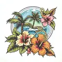 hibiscus flower with a palm tree and waves tattoo design idea