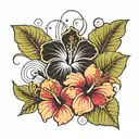 hibiscus flower with a palm tree and waves tattoo design idea