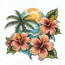 hibiscus flower with a palm tree and waves tattoo design idea
