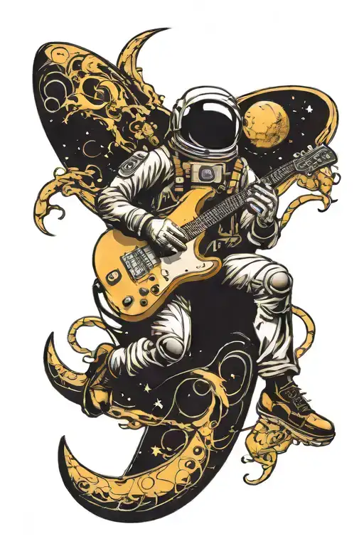 An astronaut smokes a cigarette while lying on a crescent moon, with an electric guitar lying next to him tattoo design idea