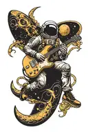 An astronaut smokes a cigarette while lying on a crescent moon, with an electric guitar lying next to him tattoo design idea