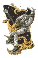 An astronaut smokes a cigarette while lying on a crescent moon, with an electric guitar lying next to him tattoo design idea