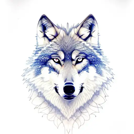 wolf portrait with forest background tattoo design idea