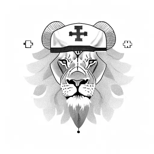 a lion wearing a nurse's cap surrounded by a border of german currency symbols tattoo design idea