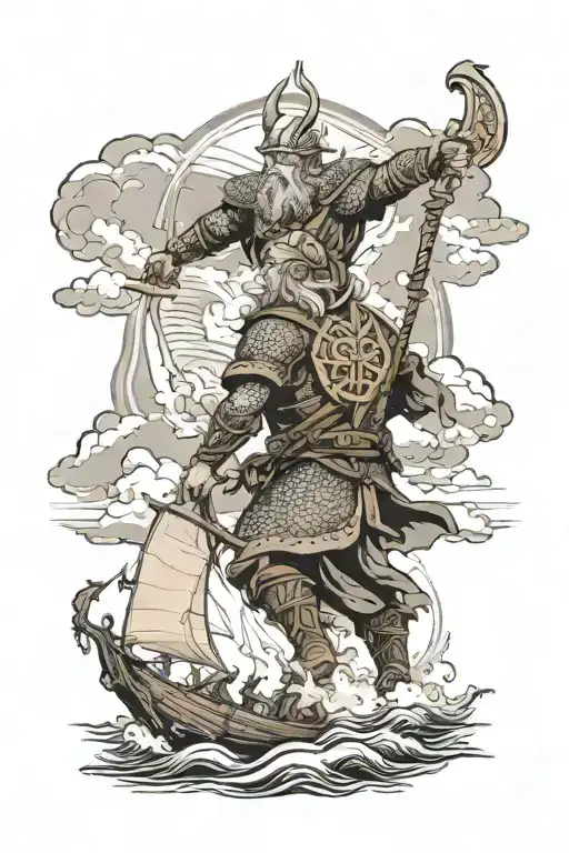 Viking battle on the seashore with Odin watching from the sky, dramatic clouds and rays of sunlight illuminating the sce tattoo design idea