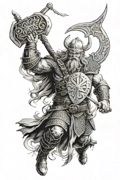 Viking war scene, Odin full face at sky full tattoo design idea