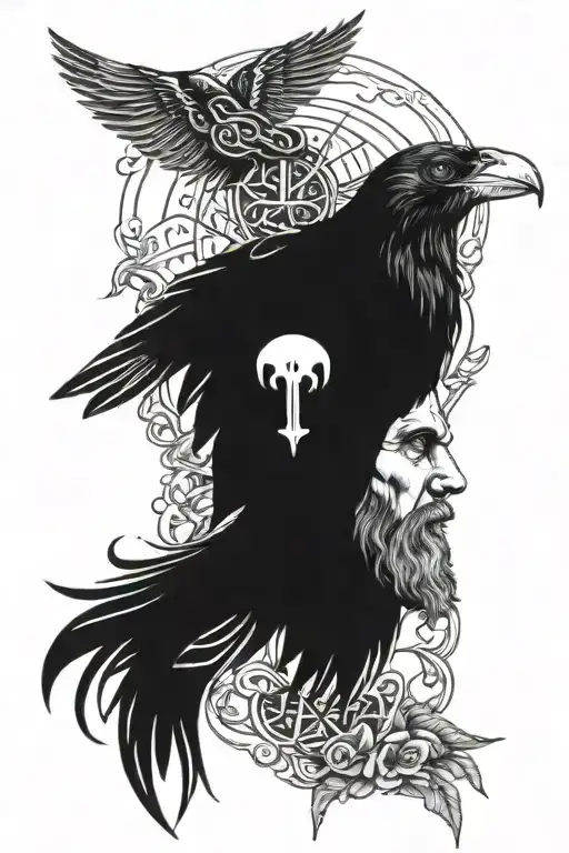 Odin full face with crow flying tattoo design idea