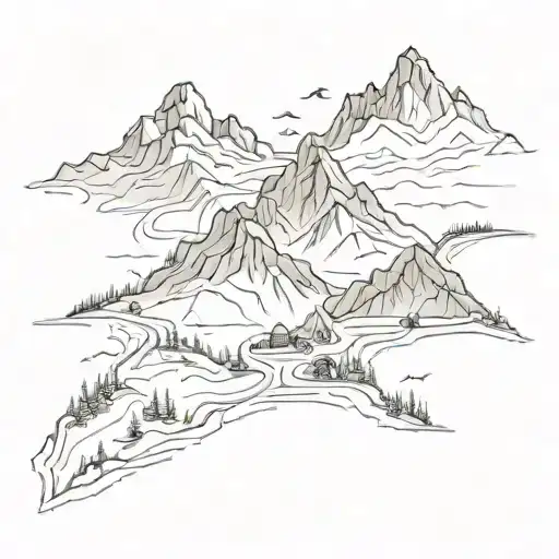 A sketch of a mountain range with hiking trails crisscrossing the slopes and engine components scattered throughout the scene tattoo design idea
