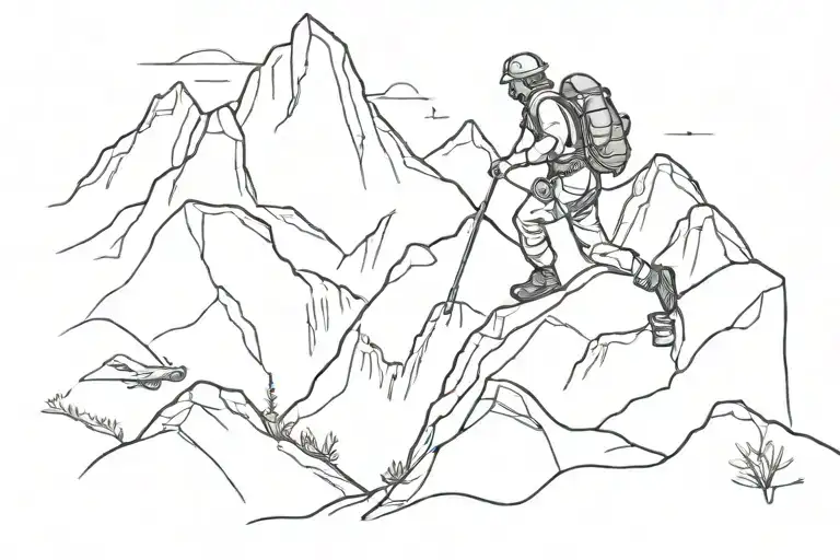 A sketch of a hiker climbing a mountain with engine parts scattered along the trail tattoo design idea