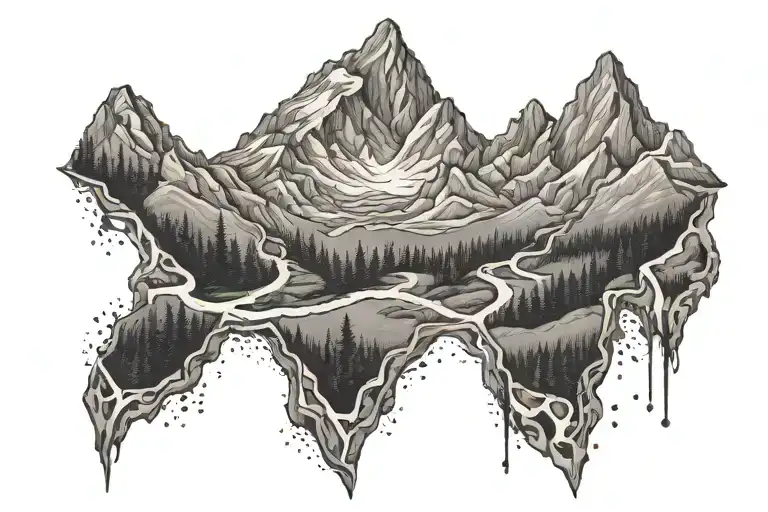 An intricate hiking trail winding through a mountain range tattoo design idea