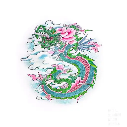 GREEN DRAGON WITH FLOWERS AND CLOUDS tattoo design idea