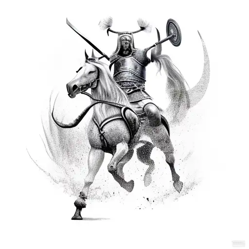 A fierce Viking warrior riding a majestic horse into battle tattoo design idea