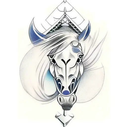 A horse with Irezumi-inspired mane and tail galloping through a Viking battlefield tattoo design idea