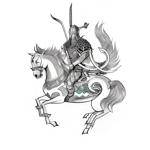 A mythical Viking warrior riding a horse with Irezumi-inspired armor tattoo design idea