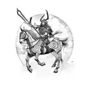 A mythical Viking warrior riding a horse with Irezumi-inspired armor tattoo design idea
