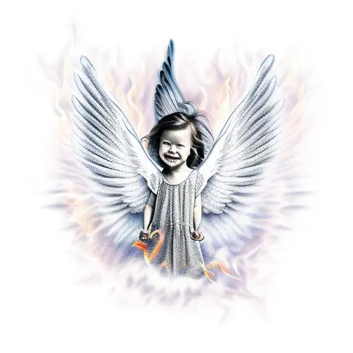 An angel falling backwards with wings on fire tattoo design idea