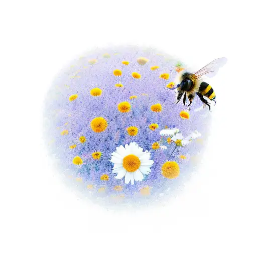 A serene scene of a meadow filled with blooming flowers and buzzing bees tattoo design idea