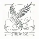 A stylized minimalist tattoo of a rising phoenix with the words 'Still We Rise' incorporated into the design, reflecting your passion for overcoming obstacles tattoo design idea