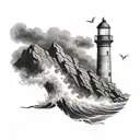 A black-grey tattoo of a lighthouse on a rocky cliff overlooking a stormy sea, representing the guiding light in psychology tattoo design idea