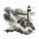 A black-grey tattoo of a lighthouse on a rocky cliff overlooking a stormy sea, representing the guiding light in psychology tattoo design idea