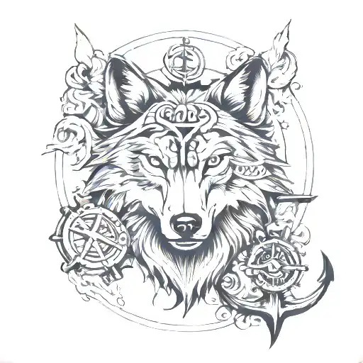 wolf in front of anchor surrounded tattoo design idea