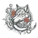 wolf in front of anchor surrounded tattoo design idea