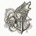 wolf in front of anchor surrounded tattoo design idea