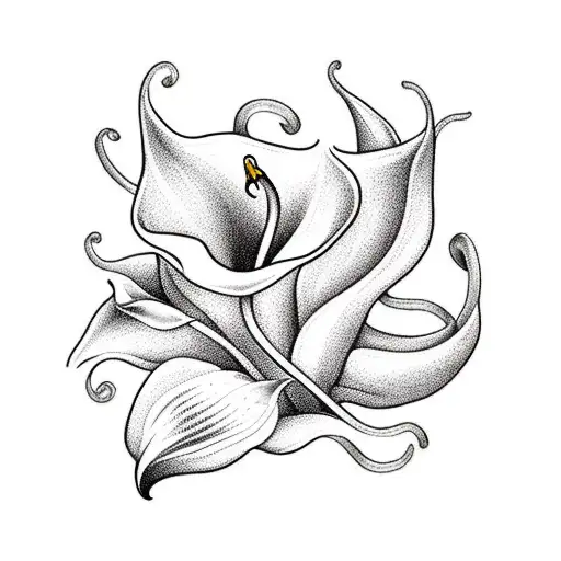 A beautiful calla lily intertwined with ivy leaves, with a beach background tattoo design idea