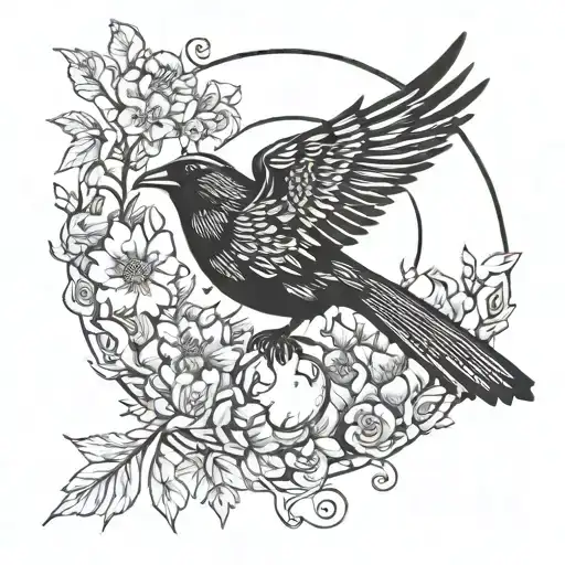 black bird sitting on upside down moon crest and flowers tattoo design idea