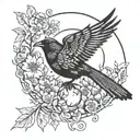 black bird sitting on upside down moon crest and flowers tattoo design idea