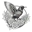 black bird sitting on upside down moon crest and flowers tattoo design idea