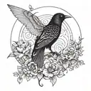 black bird sitting on upside down moon crest and flowers tattoo design idea