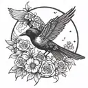 black bird sitting on upside down moon crest and flowers tattoo design idea
