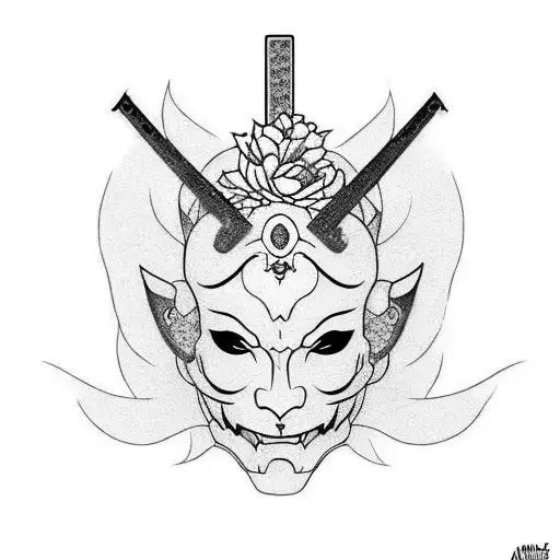 Hannya mask with partial female face. include japanese blades in a cross as background with floral work tattoo design idea