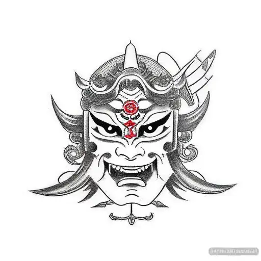 Hannya mask with partial female face. include japanese blades in a cross as background with floral work tattoo design idea