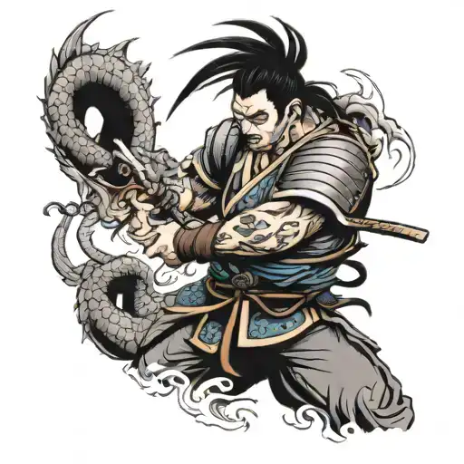 A traditional Japanese sleeve tattoo depicting a fierce samurai warrior battling a dragon, with subtle nods to Dragon Ball Z characters incorporated in the design tattoo design idea