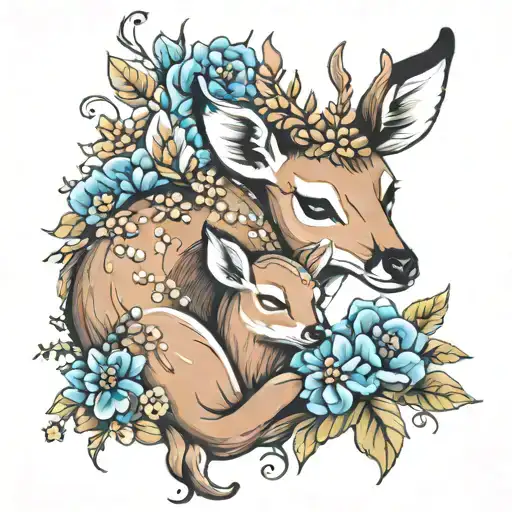 mom and baby deer sleeping with flowers tattoo design idea