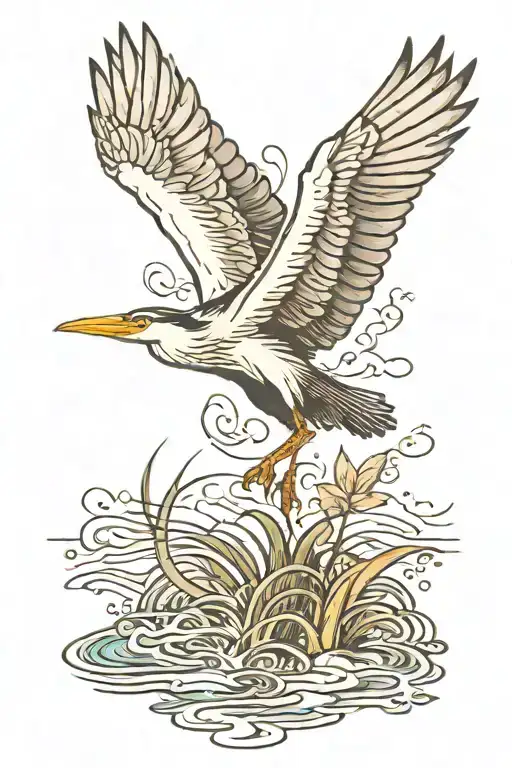 A heron takes off from the water tattoo design idea