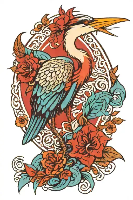 heron, red and turquoise  tattoo design idea