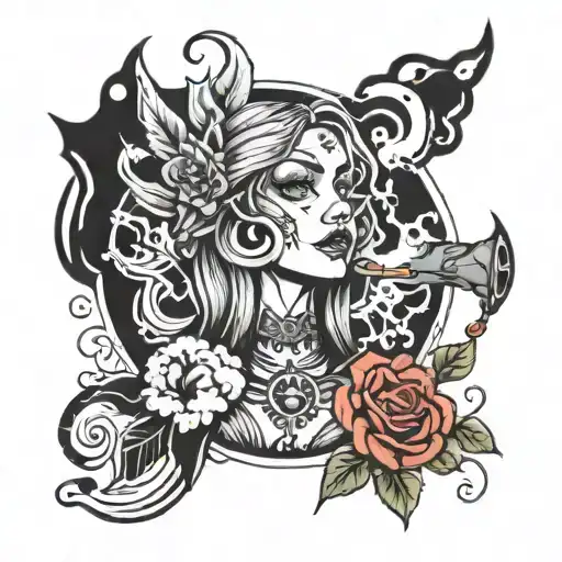 symmetrical stoner woman smoke  tattoo design idea